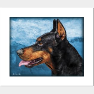 Gorgeous Doberman Painting on Blue Background Posters and Art